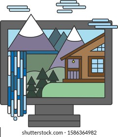 monitor with mountain view and house