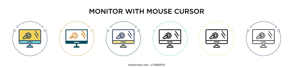 Monitor with mouse cursor icon in filled, thin line, outline and stroke style. Vector illustration of two colored and black monitor with mouse cursor vector icons designs can be used for mobile, ui, 