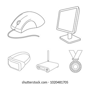 Monitor, mouse and other equipment. Personal computer set collection icons in outline style vector symbol stock illustration web.