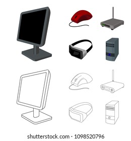 Monitor, mouse and other equipment. Personal computer set collection icons in cartoon,outline style vector symbol stock illustration web.