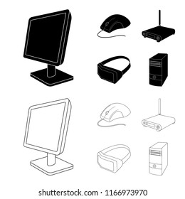 Monitor, mouse and other equipment. Personal computer set collection icons in black,outline style vector symbol stock illustration web.