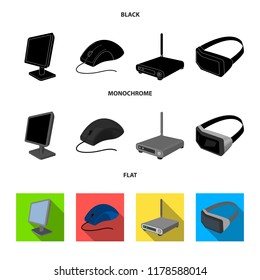 Monitor, mouse and other equipment. Personal computer set collection icons in black, flat, monochrome style vector symbol stock illustration web.