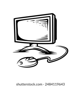 Monitor y ratón con estilo de línea de arte vintage