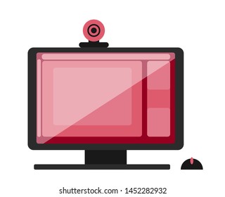 Monitor and mouse to work. Work space for office or home. Desktop photographer or freelancer. Flat illustration. White background