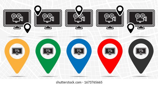 Monitor movie, camera icon in location set. Simple glyph, flat illustration element of cinema theme icons