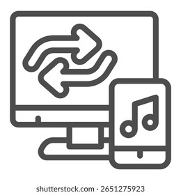 Monitor and music player device line icon, data hoarding concept. Vector graphics. Music library files sync and sharing sign on white background, outline style icon for mobile or web design