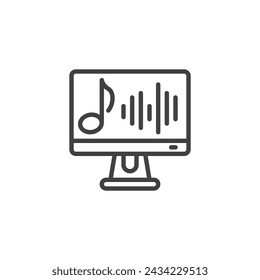 Monitor with musical note line icon. linear style sign for mobile concept and web design. Music Production outline vector icon. Sound record symbol, logo illustration. Vector graphics