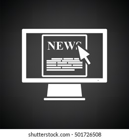 Monitor with news icon. Black background with white. Vector illustration.
