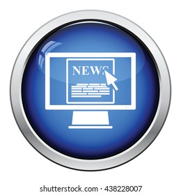 Monitor with news icon. Glossy button design. Vector illustration.