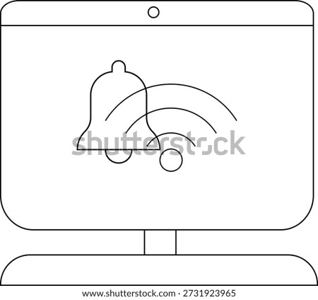 A monitor with a notification bell icon and signal waves displayed on the screen