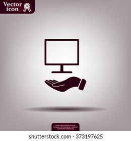 Monitor on hand icon, vector illustration. Flat design style