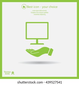 Monitor on hand icon, vector illustration. Flat design style