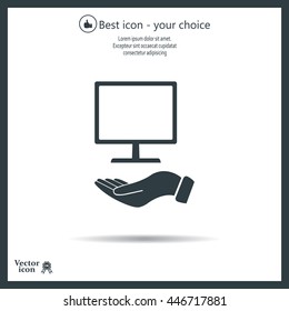 Monitor on hand icon, vector illustration. Flat design style