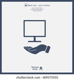 Monitor on hand icon, vector illustration. Flat design style