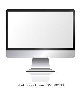 Monitor on the leg with reflection, white blank screen, isolated on white background