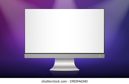 Monitor on a podium for a product presentation or showcase with spotlights on a blue purple background. 3D modern minimalist layout. Vector illustration.