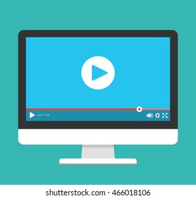 Monitor with online player on the screen. Video tutorials, study and learning concept. Vector flat illustration.