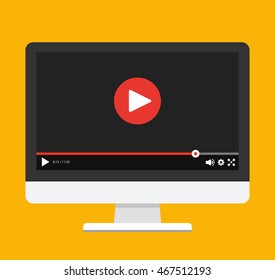 Monitor with online player on the screen. Video tutorials, study and learning concept. Vector flat illustration.