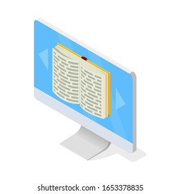 Monitor with opened book on screen. Access to virtual media library, distance education using modern technologies, computer, e-learning, book storage concept. Vector isometric isolated on white.