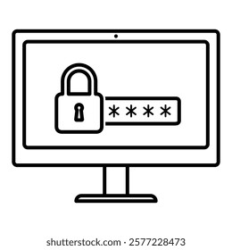Monitor with padlock password icon in modern outline style design. Vector illustration isolated on white background.
