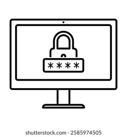 Monitor with padlock password icon in outline style design. Vector illustration isolated on white background.