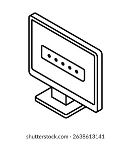 Monitor with password login input screen – Isometric vector icon. Editable stroke