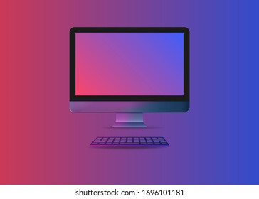 Monitor of pc computer. Desktop screen in modern metal style with gradient background. Isolated keyboard with lcd light in flat design. Vector EPS 10