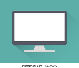Monitor PC icon flat style with shadow isolated on a green background, vector illustration for web design