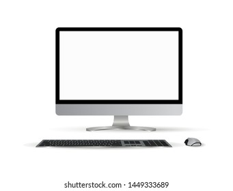 Monitor PC mockup. Trendy realistic thin frame monitor or Pc with mouse and keyboard isolated on white background. 3d realistic gadgets. Layout for web site, presentation, or advertising.