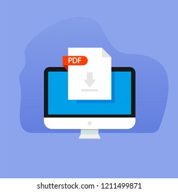 Monitor with pdf file paper download sign, banner download document file pdf zip sheet button computer laptop pc. Downloading element concept. Vector flat cartoon illustration