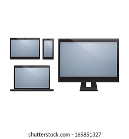 monitor, phone, laptop and tablet on a white background with no markings
