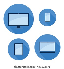 monitor phone tablet laptop blue color long shadow icon set modern vector illustration
