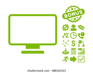 Monitor pictograph with bonus pictogram. Vector illustration style is flat iconic symbols, eco green color, white background.