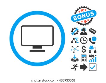 Monitor pictograph with bonus symbols. Vector illustration style is flat iconic bicolor symbols, blue and gray colors, white background.
