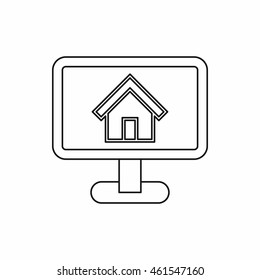 Monitor with picture home icon in outline style isolated on white background. Construction symbol