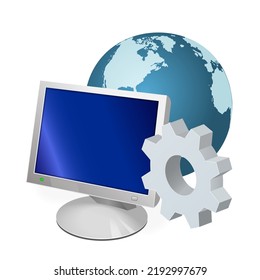 Monitor with planet earth with gear icon Settings icon or instruction