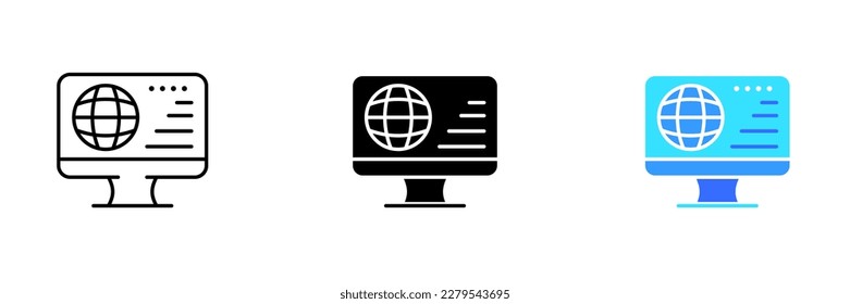 A monitor with a planet sign on it. Vector set of icons in line, black and colorful styles isolated.