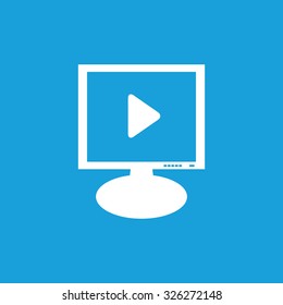 Monitor play icon, white simple image isolated on blue background