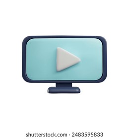 Monitor with play symbol display 3D plastic style vector illustration. Video movie media player start sign web design interface. Video conference and webinar internet services icon