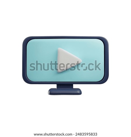 Monitor with play symbol display 3D plastic style vector illustration. Video movie media player start sign web design interface. Video conference and webinar internet services icon