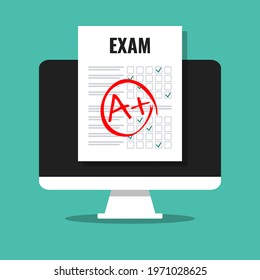 monitor with a plus grade in exam application form, successful online test flat vector illustration
