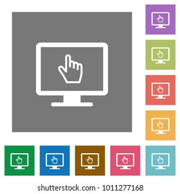 Monitor with pointing cursor flat icons on simple color square backgrounds