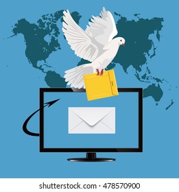 monitor with postal dove, vector illustration