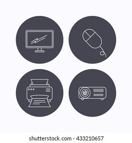 Monitor, printer and projector icons. PC mouse linear sign. Flat icons in circle buttons on white background. Vector
