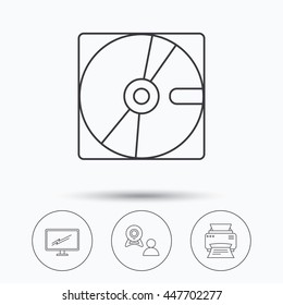 Monitor, printer and video chat icons. Hard disk linear sign. Linear icons in circle buttons. Flat web symbols. Vector