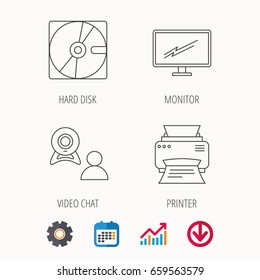 Monitor, printer and video chat icons. Hard disk linear sign. Calendar, Graph chart and Cogwheel signs. Download colored web icon. Vector