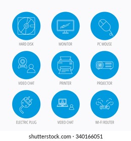 Monitor, printer and wi-fi router icons. Video chat, electric plug and pc mouse linear signs. Projector, hard disk icons. Blue circle buttons set. Linear icons.