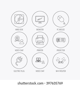 Monitor, printer and wi-fi router icons. Video chat, electric plug and pc mouse linear signs. Projector, hard disk icons. Linear colored in circle edge icons.