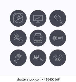 Monitor, printer and wi-fi router icons. Video chat, electric plug and pc mouse linear signs. Projector, hard disk icons. Flat icons in circle buttons on white background. Vector