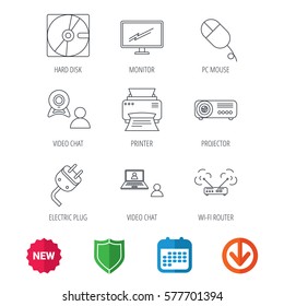 Monitor, printer and wi-fi router icons. Video chat, electric plug and pc mouse linear signs. Projector, hard disk icons. New tag, shield and calendar web icons. Download arrow. Vector